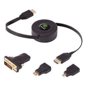 ReTrak ETCABLEHDM Retractable Standard HDMI Cable with Mini, Micro, and DVI Adapters, 5 Ft.