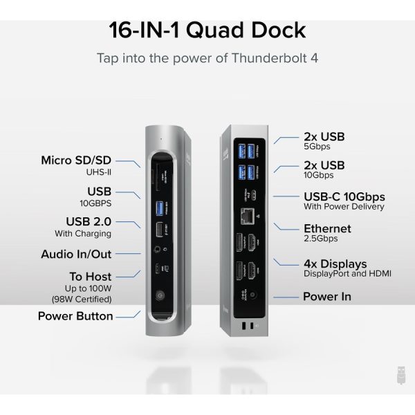 Plugable 16-in-1 Thunderbolt 4 Dock with 100W Charging, 4K Quad Monitor Setup for Thunderbolt 4 Windows Laptops - Image 2