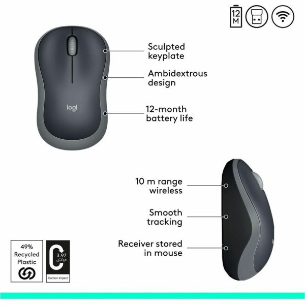 Logitech M185 Wireless Mouse, 2.4GHz with USB Mini Receiver, 1000 DPI Optical Tracking, Swift Grey - Image 6