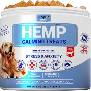 Kinpur Pet Care Calming Chews for Dogs   Hip and Joint Health   Aid During Thunderstorms Separation Car Rides   Hemp Oil   Tasty Dog Calming Treats with Beef Flavor 120 Chews