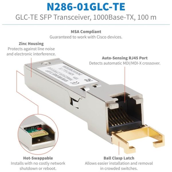 Eaton Tripp Lite Series Cisco-Compatible GLC-TE SFP Transceiver - 10/100/1000Base-TX, Copper, RJ45, Cat6, 328.08 ft. (100 m) - Image 4