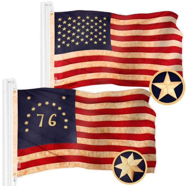 G128 Combo Pack: American USA Tea-Stained Flag 1x1.5 Ft & Bennington 76 Tea-Stained Flag 1x1.5 Ft | Both ToughWeave Pro Series Embroidered 420D Polyester, Embroidered Design, Brass Grommets