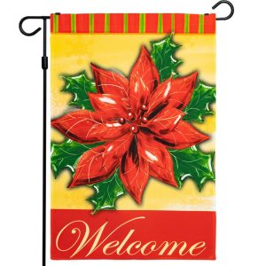 G128 - Christmas Garden Flag, Christmas and Winter Themed Decorations - Welcome Quote with Red Poinsettia Flower, Rustic Holiday Seasonal Outdoor Flag 12x18 Inch