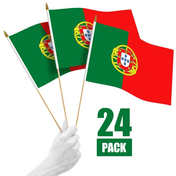 G128 24 Pack Handheld Portugal Portuguese Stick Flags | 12x18 In | Printed 150D Polyester, Country Flag, Solid Wooden Stick, Spear Gold Tip