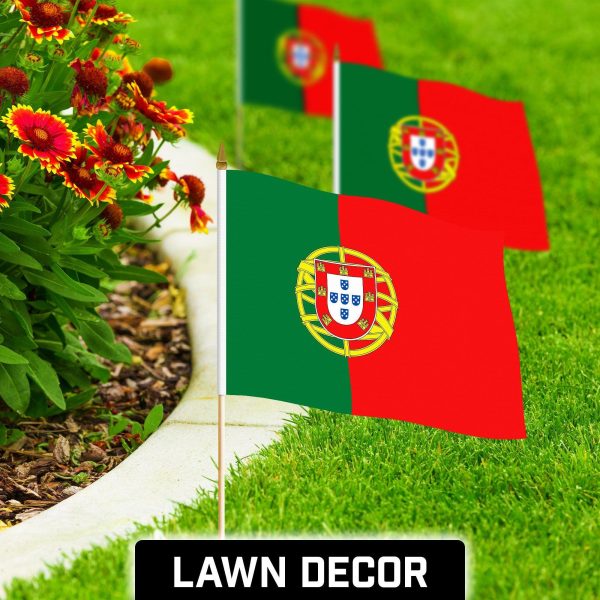 G128 24 Pack Handheld Portugal Portuguese Stick Flags | 12x18 In | Printed 150D Polyester, Country Flag, Solid Wooden Stick, Spear Gold Tip - Image 3