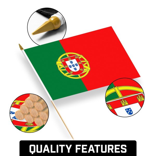 G128 24 Pack Handheld Portugal Portuguese Stick Flags | 12x18 In | Printed 150D Polyester, Country Flag, Solid Wooden Stick, Spear Gold Tip - Image 8
