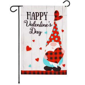 G128 Garden Flag Happy Valentine's Day Gnome Holding Plain Heart 12"x18" Blockout Fabric