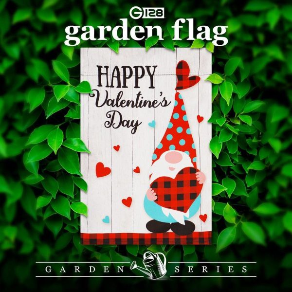 G128 Garden Flag Happy Valentine's Day Gnome Holding Plain Heart 12"x18" Blockout Fabric - Image 2