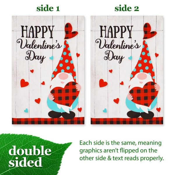 G128 Garden Flag Happy Valentine's Day Gnome Holding Plain Heart 12"x18" Blockout Fabric - Image 3