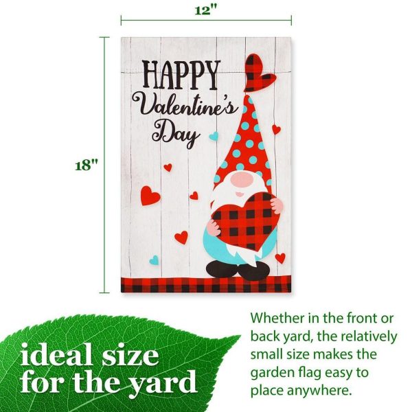 G128 Garden Flag Happy Valentine's Day Gnome Holding Plain Heart 12"x18" Blockout Fabric - Image 4