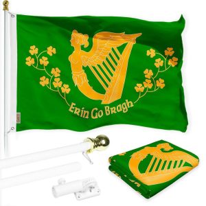 G128 Combo Pack: 6 Ft Tangle Free Spinning Flagpole (White) & Erin Go Bragh Flag 3x5 Ft Printed 150D Polyester, Brass Grommets (Flag Included) Aluminum Flag Pole