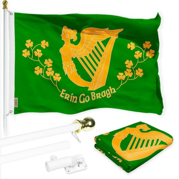 G128 Combo Pack: 6 Ft Tangle Free Spinning Flagpole (White) & Erin Go Bragh Flag 3x5 Ft Printed 150D Polyester, Brass Grommets (Flag Included) Aluminum Flag Pole
