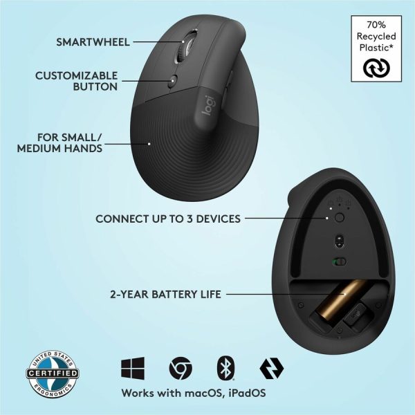 Logitech Lift Left Vertical Ergonomic Mouse, Left-handed, Wireless, Bluetooth or Logi Bolt USB, Quiet clicks, Graphite - Image 6