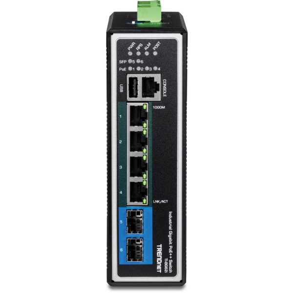 TRENDnet 6-Port Industrial Gigabit L2+ Managed PoE++ DIN Rail Switch, 4 x Gigabit PoE++ Ports, DIN-Rail Mount, 2 x SFP Slots, IP30, VLAN, QoS, LACP, Bandwidth Management, ERPS, Black, TI-BG62i - Image 3