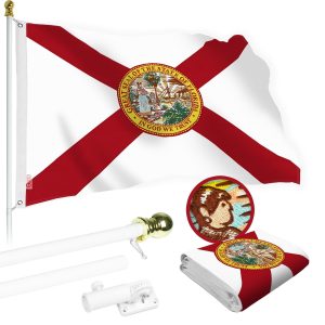 G128 Combo Pack: 6 Ft Tangle Free Aluminum Spinning Flagpole (White) & Florida FL State Flag 3x5 Ft, StormFlyer Series Embroidered 220GSM Spun Polyester | Pole with Flag Included