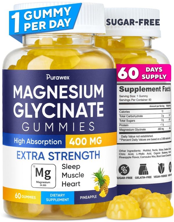 Magnesium Glycinate Gummies 400mg High Absorption Magnesium Supplement for Adults and Kids Sugar Free Gelatin Free Vegan Friendly Non GMO 60 Days Supply   Pineapple