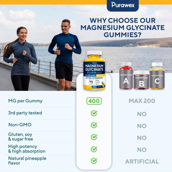 Magnesium Glycinate Gummies 400mg High Absorption Magnesium Supplement for Adults and Kids Sugar Free Gelatin Free Vegan Friendly Non GMO 60 Days Supply   Pineapple - Image 3