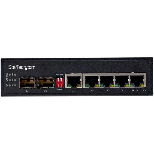 StarTech.com Industrial 6 Port Gigabit Ethernet Switch 4 PoE RJ45 +2 SFP Slots 30W PoE+ 48VDC 10/100/1000 Mbps -40C to 75C w/DIN Connector - Image 3