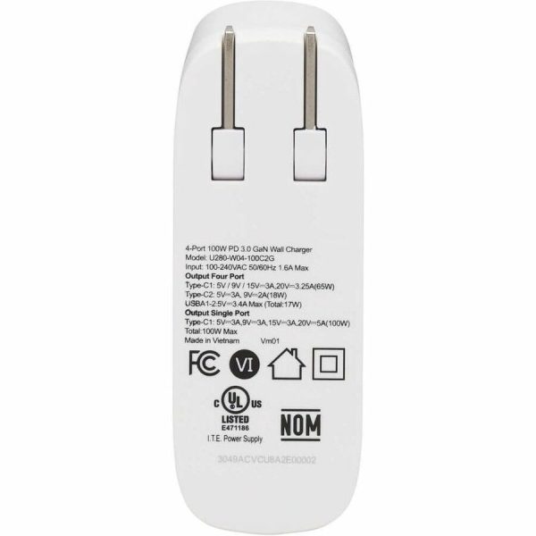 Eaton Tripp Lite Series 4-Port Compact USB Wall Charger - GaN Technology, 100W PD Charging, 2 USB-C & 2 USB-A, White - Image 6