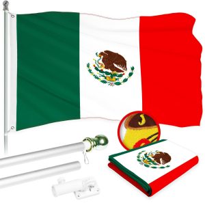 G128 Combo Pack: 6 Ft Tangle Free Aluminum Spinning Flagpole (Silver) & Mexico Mexican Flag 3x5 Ft, ToughWeave Series Embroidered 300D Polyester | Pole with Flag Included