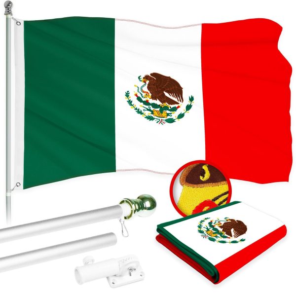G128 Combo Pack: 6 Ft Tangle Free Aluminum Spinning Flagpole (Silver) & Mexico Mexican Flag 3x5 Ft, ToughWeave Series Embroidered 300D Polyester | Pole with Flag Included