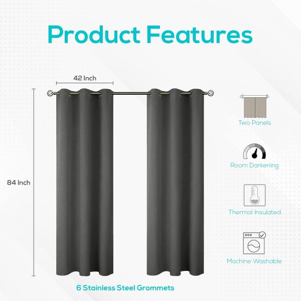 [2 Panels Cozlo Blackout Curtains for Bedroom with Grommet Black Out Room Darkening Window Curtains Thermal Insulated Drapes (42x84 inch Dark Grey) - Image 4