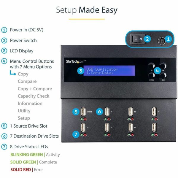 StarTech.com Standalone 1 to 7 USB Thumb Drive Duplicator/Eraser, Multiple USB Flash Drive Copier/Cloner, Sector-by-Sector Copy, Sanitizer - Image 4