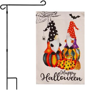 G128 Combo Pack: Garden Flag Stand Black 36 in x 16 in & Garden Flag Happy Halloween Decoration Two Witchy Gnomes 12"x18" Double-Sided Blockout Fabric