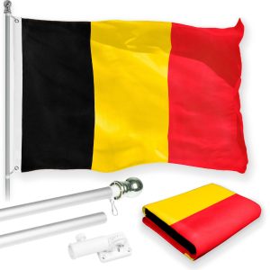 G128 Combo Pack: 6 Feet Tangle Free Spinning Flagpole (Silver) Belgium Belgian Flag 3x5 ft Printed 150D Brass Grommets (Flag Included) Aluminum Flag Pole
