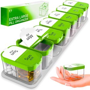 Extra Large Pill Organizer 2 Times A Day   Big Pill Box 7 Day Am Pm   XL Weekly Vitamin Holder Jumbo Medicine Container for Supplement XXL Daily Pill Case with Huge Oversized Compartments Green White