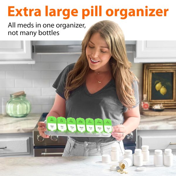 Extra Large Pill Organizer 2 Times A Day   Big Pill Box 7 Day Am Pm   XL Weekly Vitamin Holder Jumbo Medicine Container for Supplement XXL Daily Pill Case with Huge Oversized Compartments Green White - Image 2