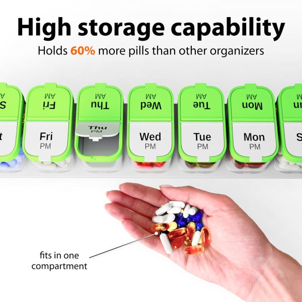 Extra Large Pill Organizer 2 Times A Day   Big Pill Box 7 Day Am Pm   XL Weekly Vitamin Holder Jumbo Medicine Container for Supplement XXL Daily Pill Case with Huge Oversized Compartments Green White - Image 5