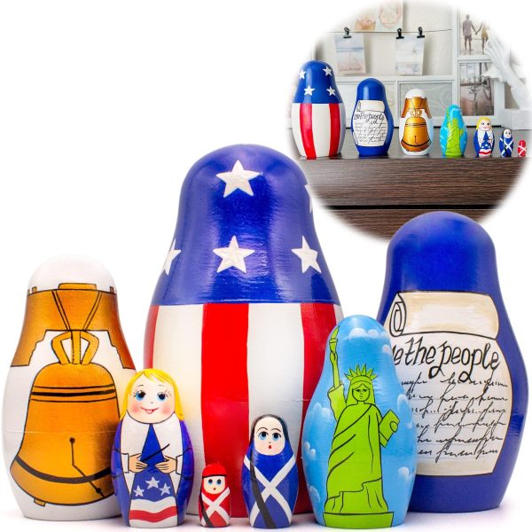 AEVVV Independence Day Nesting Dolls Set 7 pcs   Russian Dolls with Symbols of Independence   4th of July Decorations for Patriotic Decor