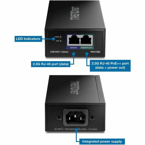 TRENDnet 2.5G PoE++ Injector, TPE-219GI, 90W PoE++, 30W PoE+, 15.4W PoE, IEEE 802.3 bt /802.3at/802.3af Compliant, Metal Housing, Up to 100m (328 ft.), Black - Image 5