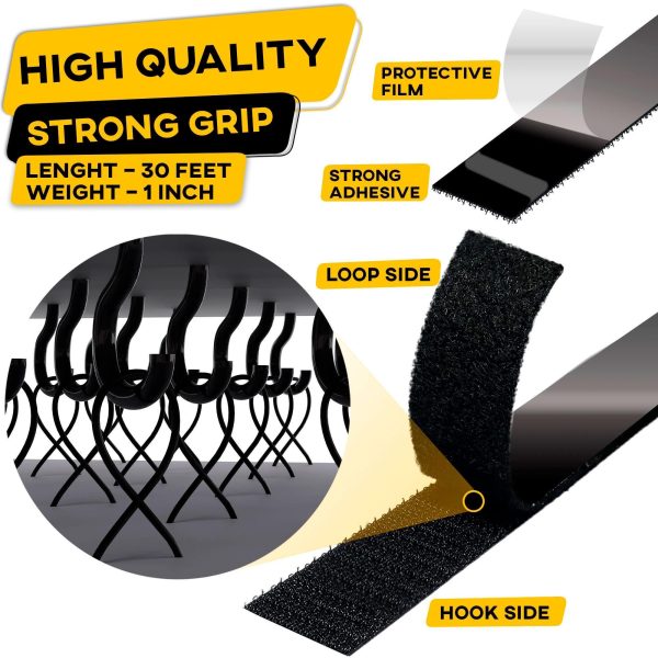 Hook and Loop Tape Roll with Heavy Duty Adhesive Industrial Strength Easy to Cut Strong Hook and Loop Strips with Sticky Back Black 1 Inch x 30 Feet - Image 3