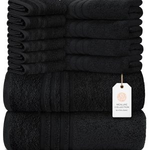 12 Piece Bath Towel Set for Bathroom Wealuxe Collection 2 Bath Towels 4 Hand Towels 6 Washcloths 100% Cotton Soft and Plush Highly Absorbent Soft Towel for Hotel & Spa Black