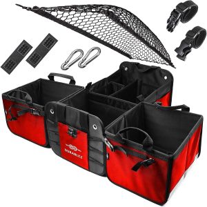 4 Compartment Separable Collapsible Car Trunk Storage Organizer for SUV Minivan Truck Sedan   XXL Red Black