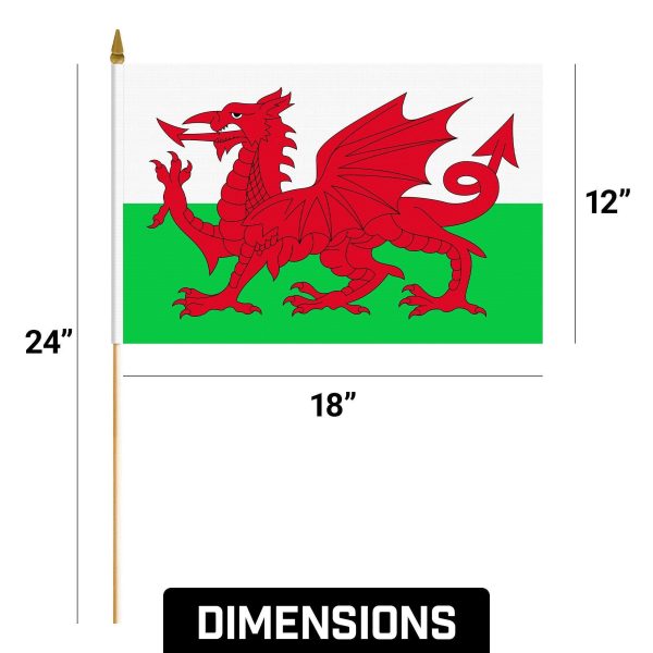 G128 24 Pack Handheld Wales Welsh Stick Flags | 12x18 In | Printed 150D Polyester, Country Flag, Solid Wooden Stick, Spear Gold Tip - Image 9