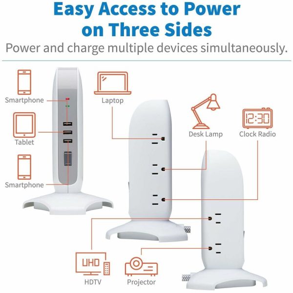 Eaton Tripp Lite Series 5-Outlet Surge Protector Tower, 3x USB Ports (3.1A Shared), 6 ft. Cord, 5-15P Plug, 1200 Joules, White - Image 3