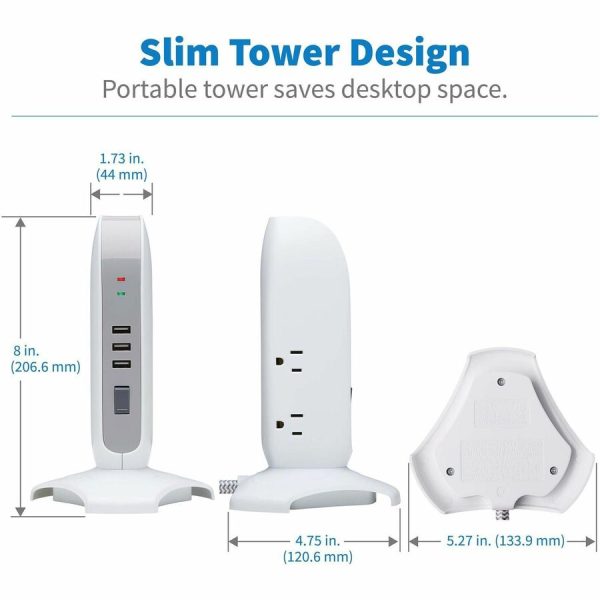Eaton Tripp Lite Series 5-Outlet Surge Protector Tower, 3x USB Ports (3.1A Shared), 6 ft. Cord, 5-15P Plug, 1200 Joules, White - Image 4