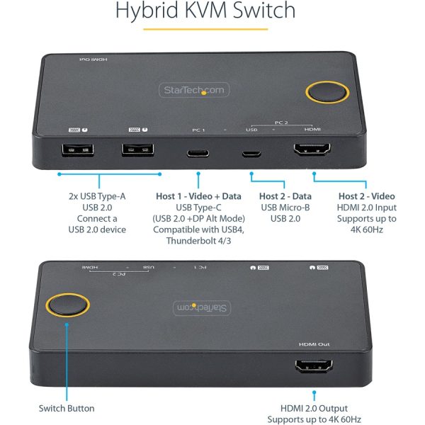 StarTech.com 2 Port Hybrid USB-A + HDMI & USB-C KVM Switch, Single 4K 60Hz HDMI 2.0 Monitor, Compact Desktop and/or Laptop HDMI KVM Switch - Image 4
