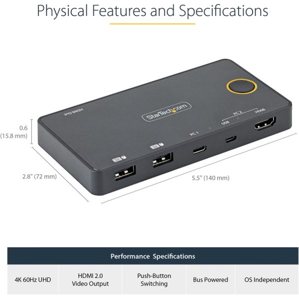StarTech.com 2 Port Hybrid USB-A + HDMI & USB-C KVM Switch, Single 4K 60Hz HDMI 2.0 Monitor, Compact Desktop and/or Laptop HDMI KVM Switch - Image 5