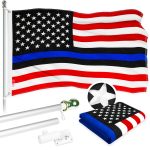 G128 - 5 Feet Tangle Free Spinning Flagpole (Silver) Blue Lives Matter Flag Brass Grommets Embroidered 2x3 ft (Flag Included) Aluminum Flag Pole