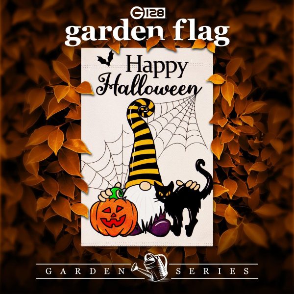 G128 Garden Flag Happy Halloween Gnome with Pumpkin and Black Cat 12"x18" Blockout Fabric - Image 2