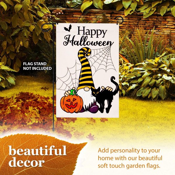 G128 Garden Flag Happy Halloween Gnome with Pumpkin and Black Cat 12"x18" Blockout Fabric - Image 8