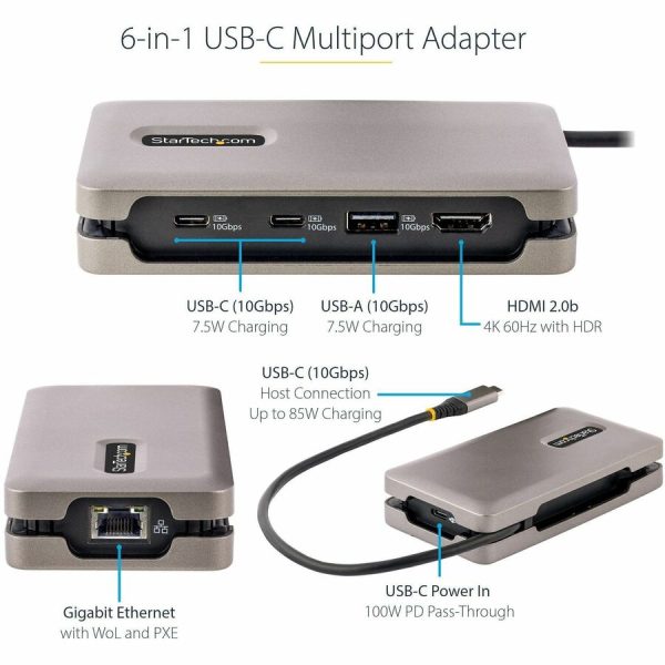StarTech.com USB-C Multiport Adapter, 4K 60Hz HDMI (HDR), USB 3.2 Gen 2 10Gbps Hub (2xUSB-C/1xUSB-A), 100W PD Pass-Through, GbE, Mini Dock - Image 2