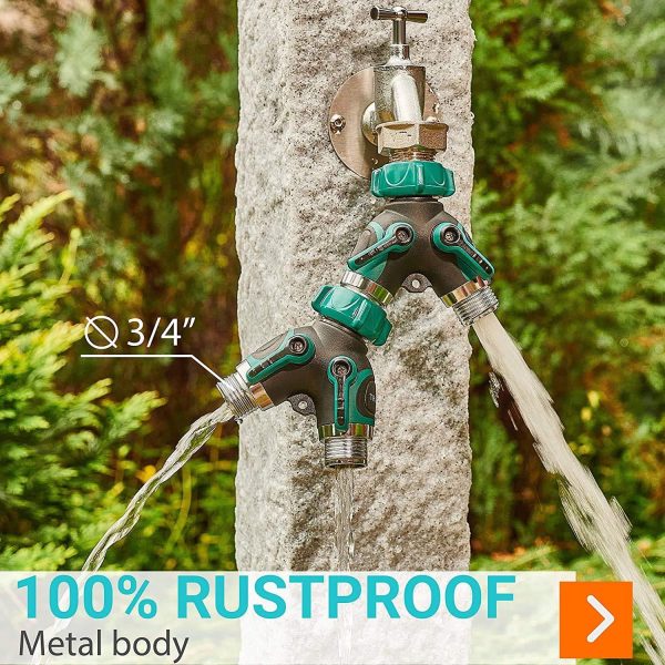 Water Splitter 2 Way Garden Y Hose Connector Metal Body Water Faucet Splitter with Comfortable Rubberized Grip 2 Way Hose Splitter Heavy Duty for Outdoor and Indoor Use (Green) - Image 3