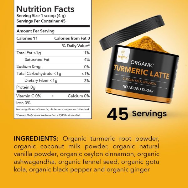 Zealthy Life Turmeric Latte USDA CERTIFIED ORGANIC GOLDEN MILK POWDER WITH CEYLON CINNAMON Non GMO Vegan Keto Gluten free Unsweetened (45 servings) - Image 4
