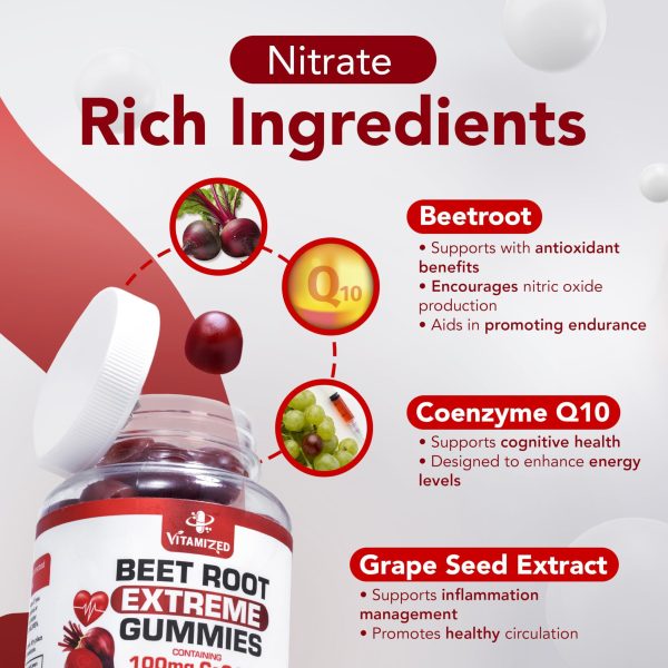 Extreme Beetroot Formula & COQ10 100mg with Grape Seed Extract for Circulation Energy & Flow 1500mg Beet Root Gummies Extract Gluten Free 60 - Image 2