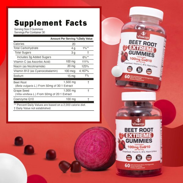 Extreme Beetroot Formula & COQ10 100mg with Grape Seed Extract for Circulation Energy & Flow 1500mg Beet Root Gummies Extract Gluten Free 60 - Image 3